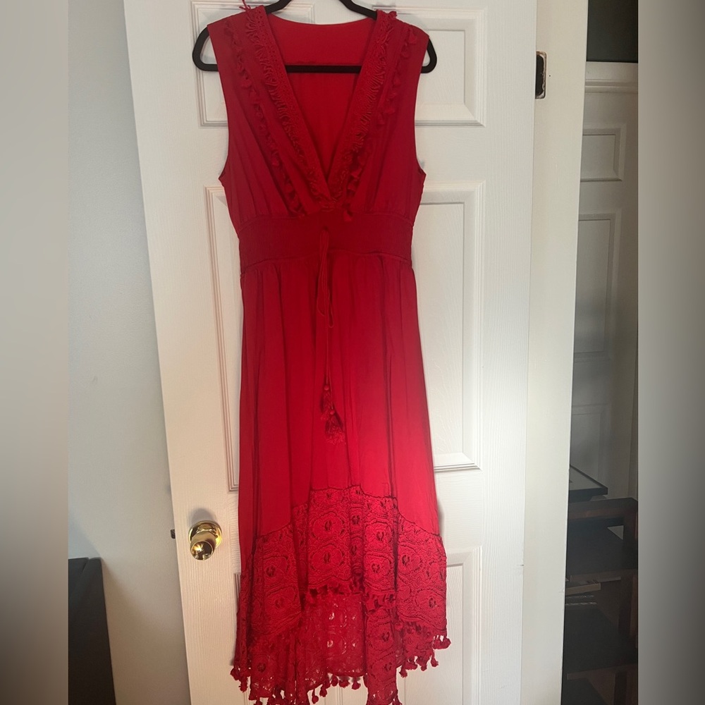 Elegant Red Lace Trim hi-low Dress